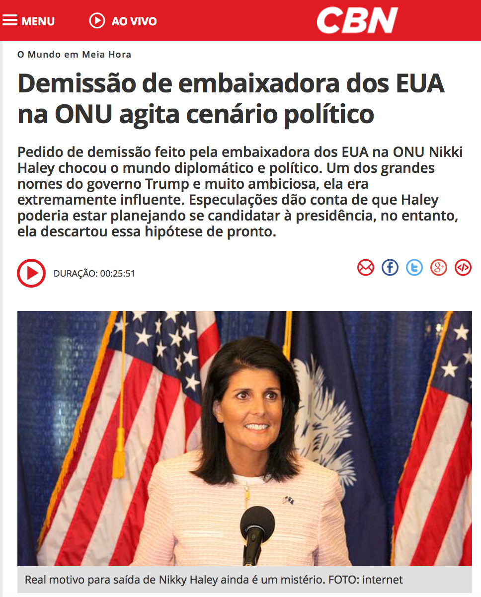Saída de embaixadora dos EUA na ONU causa especulações sobre sucessão de Trump