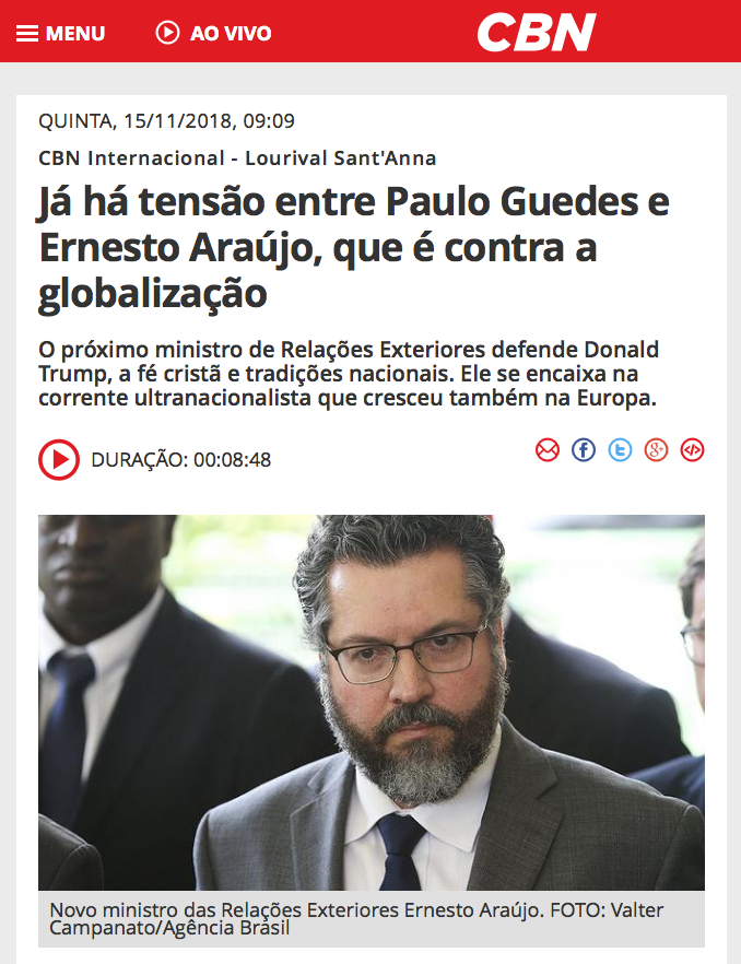 Já há tensão entre Paulo Guedes e Ernesto Araújo, que é contra a globalização