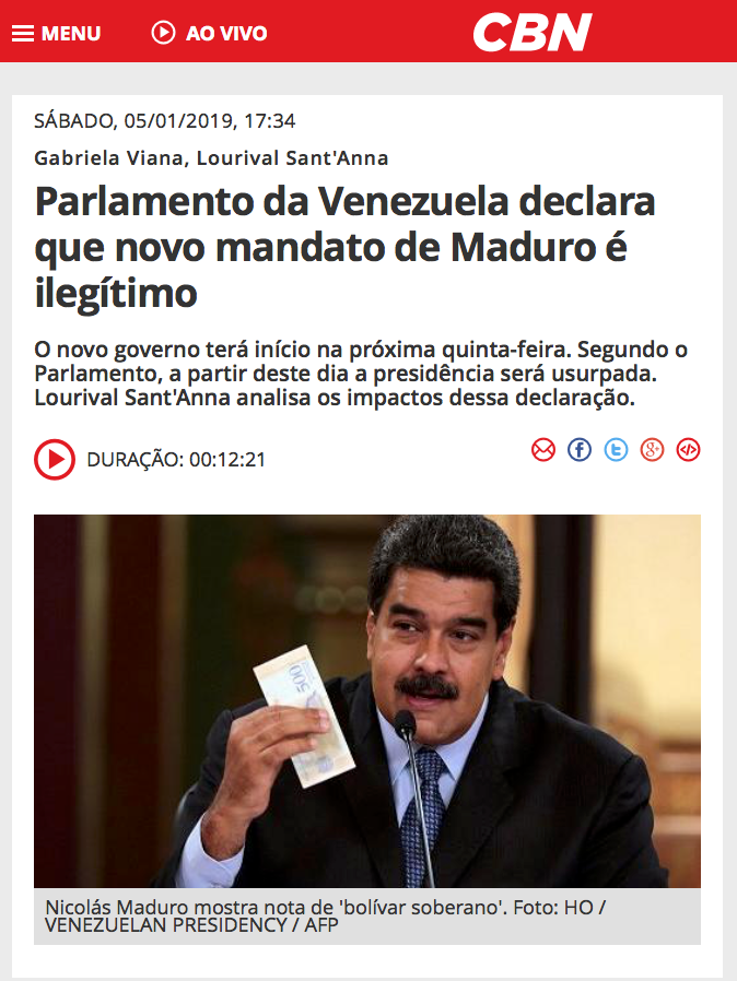 Parlamento da Venezuela declara que novo mandato de Maduro é ilegítimo