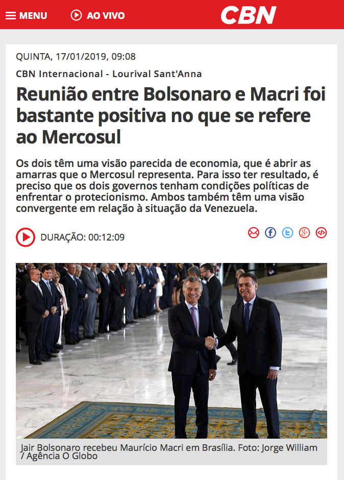 Reunião entre Bolsonaro e Macri foi bastante positiva no que se refere ao Mercosul