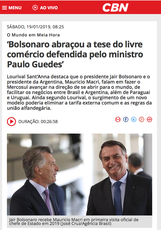Em encontro com Macri, Bolsonaro defendeu o livre comércio