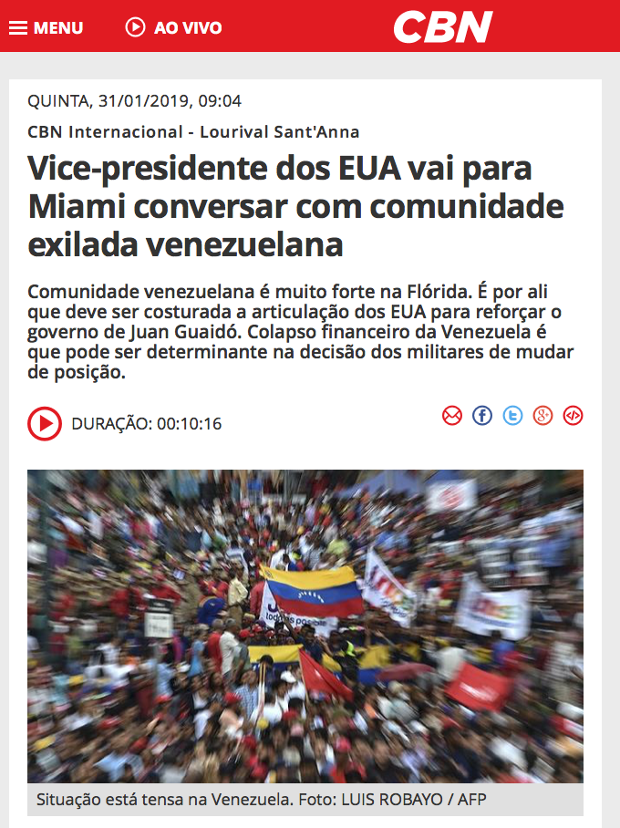 Vice-presidente dos EUA vai para Miami conversar com comunidade exilada venezuelana