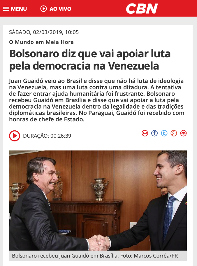 Bolsonaro reitera apoio a Guaidó sem intervenção militar