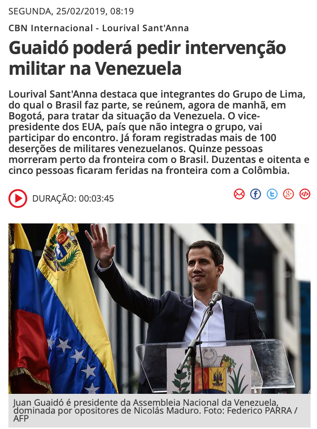 Guaidó poderá pedir intervenção militar na Venezuela