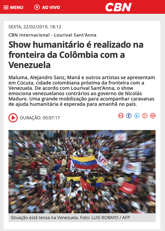 Show humanitário é realizado na fronteira da Colômbia com a Venezuela