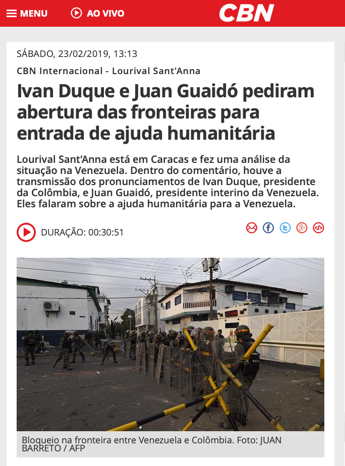 Ivan Duque e Juan Guaidó pedem abertura das fronteiras para entrada de ajuda humanitária