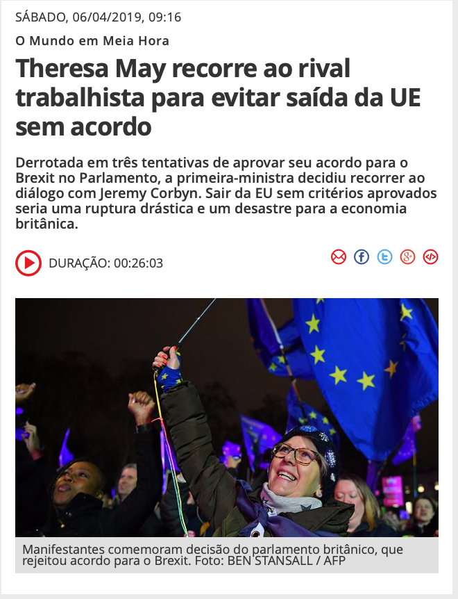 Theresa May recorre ao rival trabalhista para evitar saída da UE sem acordo