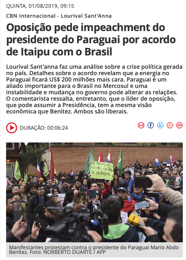 Oposição pede impeachment do presidente do Paraguai por acordo de Itaipu com o Brasil
